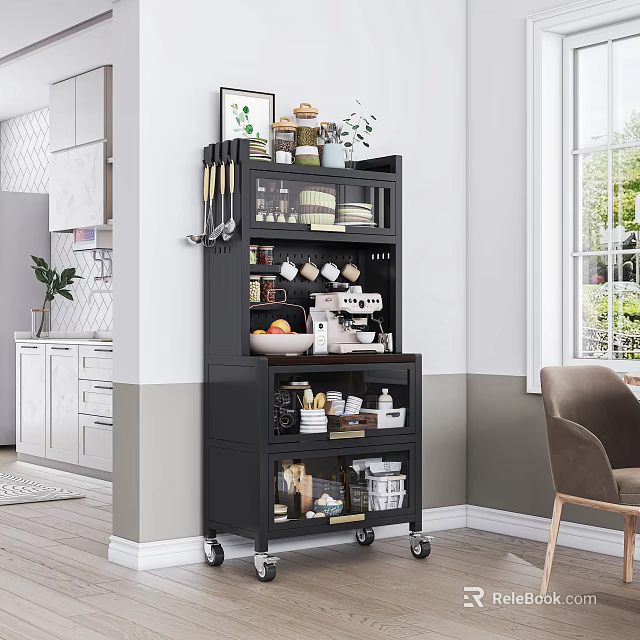 Black Wheeled Kitchen Cart with Storage Shelves Holding Utensils Cups Fruits and Coffee Maker 3d model 