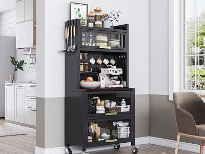 Black Wheeled Kitchen Cart with Storage Shelves Holding Utensils Cups Fruits and Coffee Maker 3d model