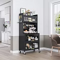 Black Wheeled Kitchen Cart with Storage Shelves Holding Utensils Cups Fruits and Coffee Maker