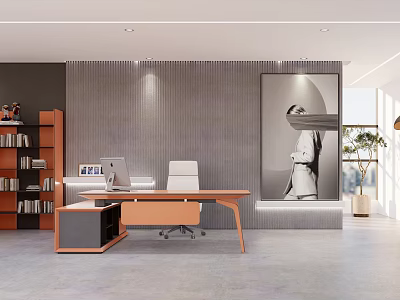 Modern Office Interior Design With Wooden Desk Ergonomic Chair Bookshelf Decorative Artwork And Potted Plant 3d model