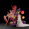 Elegant Bridal Scene With White Wedding Dress Colorful Flowers And Red Lanterns
