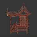 Traditional Red Pavilion Architecture With Carved Decorations Tile Roof And Staircase Railings