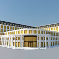White Building Exterior With Yellow Windows Arched Portico Multiple Floors And Dark Roof