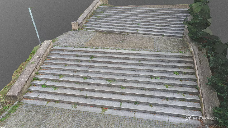 Outdoor Stone Stairs With Grass Growing On Steps And Paved Surrounding Ground 3d model 