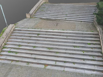 Outdoor Stone Stairs With Grass Growing On Steps And Paved Surrounding Ground 3d model