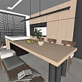 Modern Open Restaurant Interior With Dining Table Chairs And Green Plant 3d model