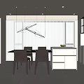Modern Restaurant Interior With Dining Table Chairs Hanging Lights Window Blinds And Cabinets 3d model