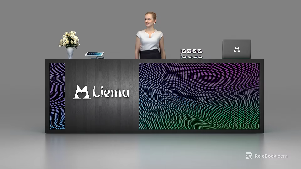 Modern Liemu Reception Desk With Colorful Wave Design Vase Tablet Books And Laptop 3d model 