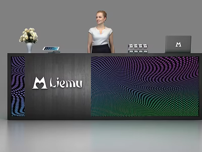 Modern Liemu Reception Desk With Colorful Wave Design Vase Tablet Books And Laptop 3d model