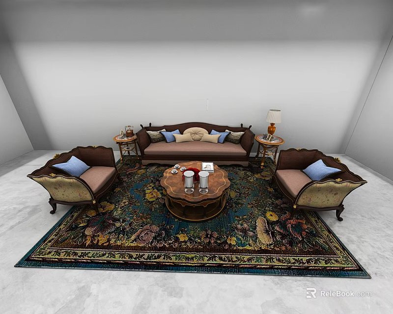 Sofa And Coffee Table Set With Accent Chairs Oriental Rug Side Tables And Table Lamp 3d model