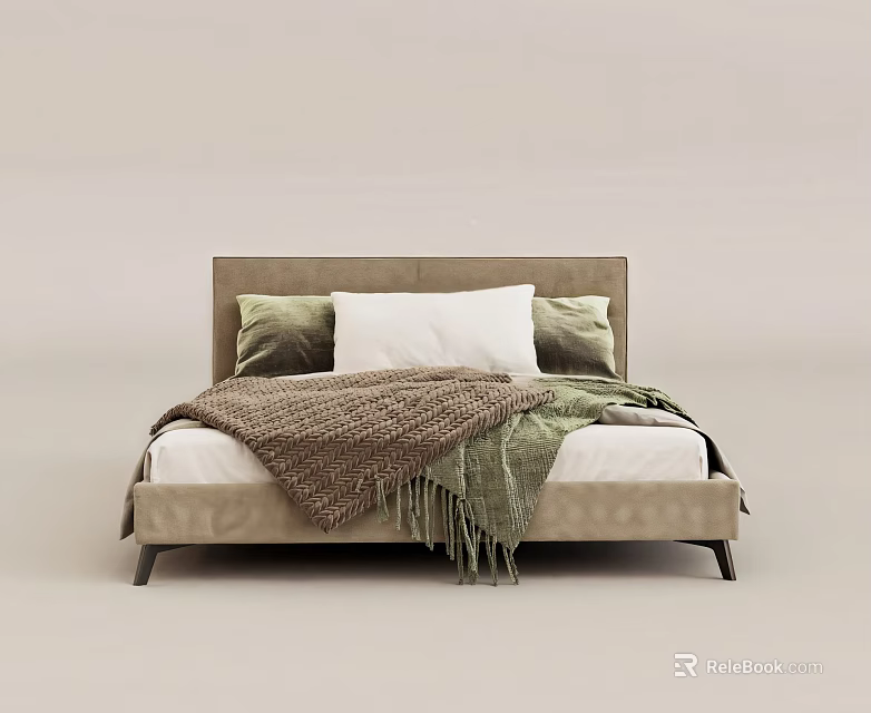 Modern Double Bed With Headboard Featuring Green White Pillows And Brown Green Blankets 3d model 
