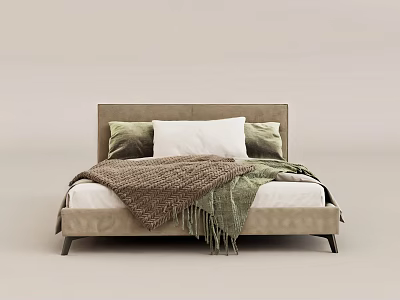 Modern Double Bed With Headboard Featuring Green White Pillows And Brown Green Blankets 3d model