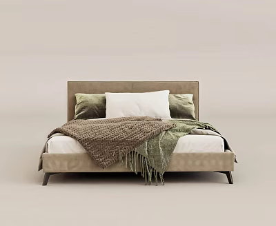 Modern Double Bed With Headboard Featuring Green White Pillows And Brown Green Blankets 3d model