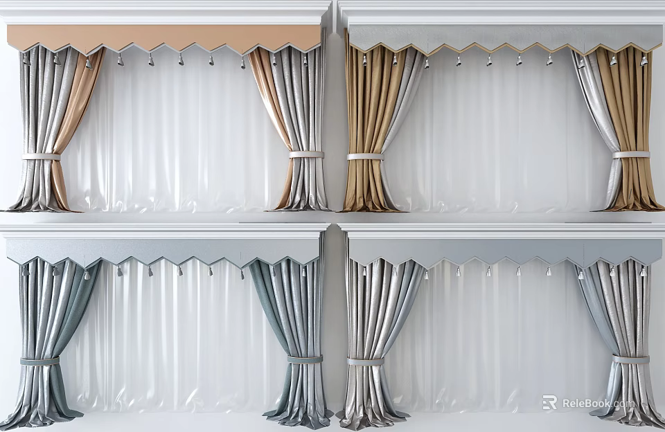 Elegant Multi Colored Curtains With Ruffled Top And Tied Bands For Home Decor 3d model 