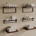 Bathroom Interior With Wall Mounted Wooden Shelves Holding Towels And Toiletries
