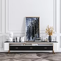 Modern Black White TV Stand With Gold Metal Legs Marble Top And Decorative Items