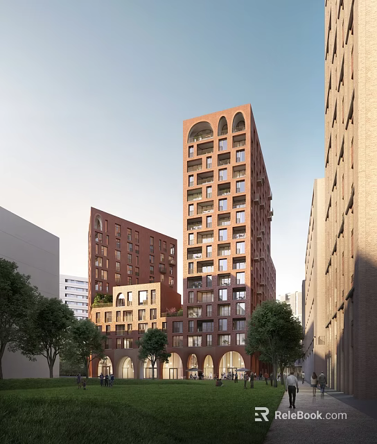 Modern Multi Story Office Building with Red Brick Arched Windows in Urban Setting and Trees 3d model 