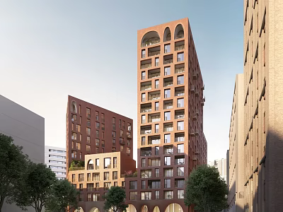 Modern Multi Story Office Building with Red Brick Arched Windows in Urban Setting and Trees 3d model