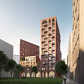 Modern Multi Story Office Building with Red Brick Arched Windows in Urban Setting and Trees