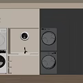 Modern Laundry Room Setup With Washing Machines Dryers Sink And Storage Cabinets
