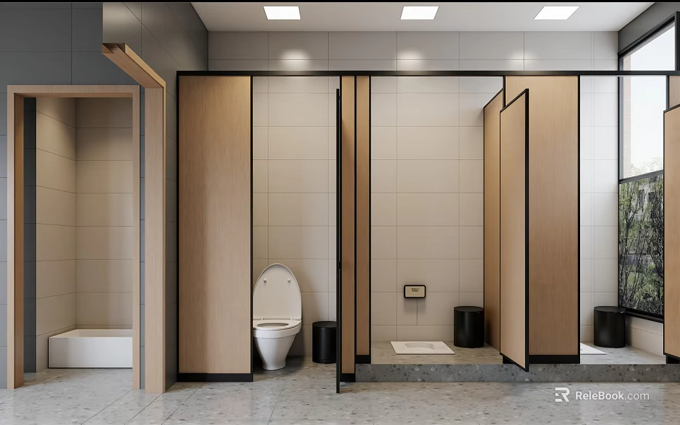 Modern Public Toilet Space With Light Wood Partitions And Clean Ceramic Tile Interior Design 3d model 