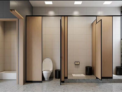 Modern Public Toilet Space With Light Wood Partitions And Clean Ceramic Tile Interior Design 3d model