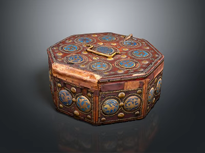 Decorative Octagonal Box With Red And Blue Inlaid Patterns And Metal Clasp 3d model