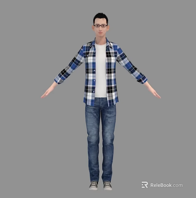 Man In Blue White Plaid Shirt White T-shirt Blue Jeans With Arms Outstretched Gray Background 3d model 