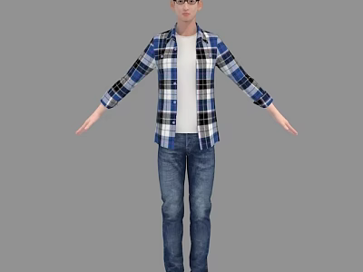 Man In Blue White Plaid Shirt White T-shirt Blue Jeans With Arms Outstretched Gray Background 3d model