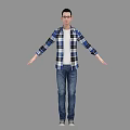 Man In Blue White Plaid Shirt White T-shirt Blue Jeans With Arms Outstretched Gray Background