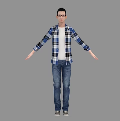 Man In Blue White Plaid Shirt White T-shirt Blue Jeans With Arms Outstretched Gray Background 3d model