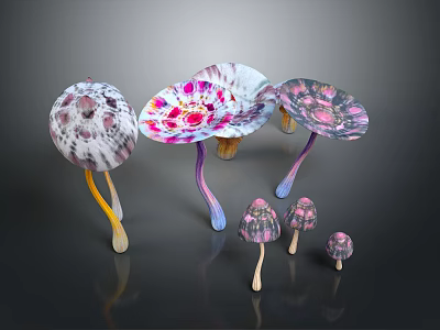 Colorful Umbrella Shaped Mushrooms With Pink White Purple Hues And Various Sizes On Dark Background 3d model