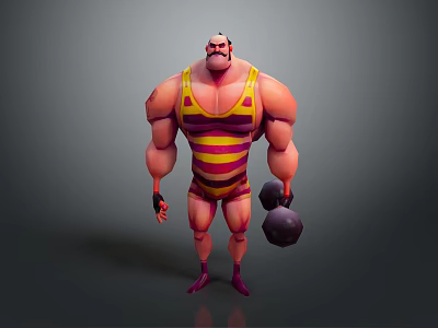 Muscular Man in Striped Singlet with Strong Build Holding Dumbbells in 3D Character Design 3d model