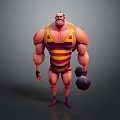 Muscular Man in Striped Singlet with Strong Build Holding Dumbbells in 3D Character Design