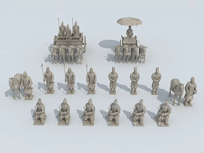Ancient Chinese Terracotta Soldiers with Chariots Umbrella Canopies and Camel Figures 3d model