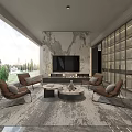 Modern Living Room Interior With Marble Wall Floor to Ceiling Windows Sofas and Coffee Table