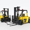 Two Yellow Industrial Equipment Forklifts With Black Masts In White Background