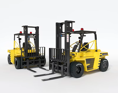 Two Yellow Industrial Equipment Forklifts With Black Masts In White Background 3d model