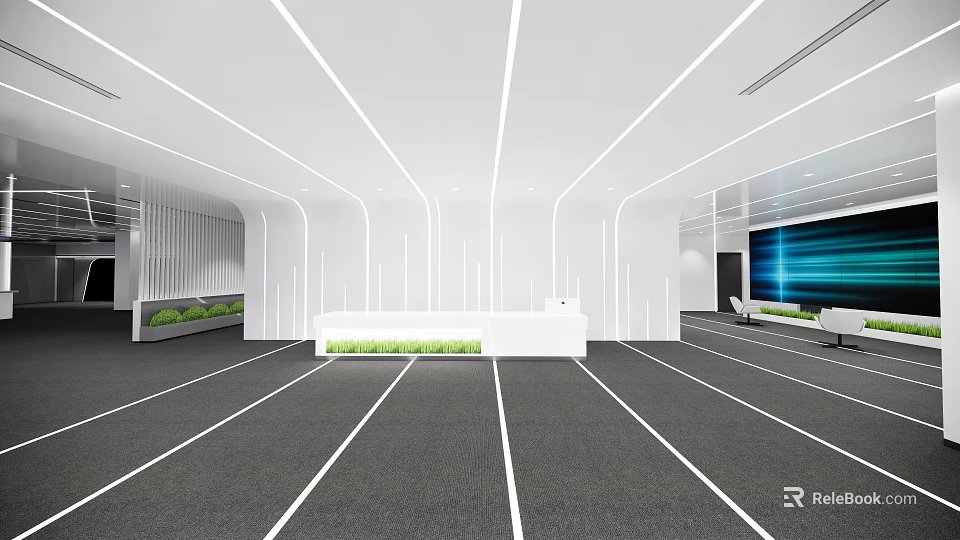 Modern Reception Desk Interior Design With White Counter Green Plants And Lighting Fixtures 3d model 