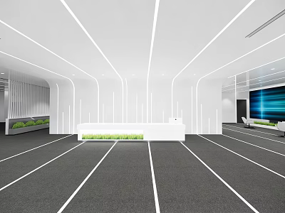 Modern Reception Desk Interior Design With White Counter Green Plants And Lighting Fixtures 3d model