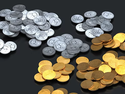 Artistic Silver And Gold Coin Sculpture Carving Scattered On Black Background 3d model