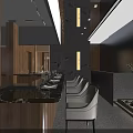 Upscale Dark Style Yakitori Japanese Restaurant Interior With Warm Wooden Bar And Illuminated Staircase