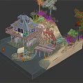 Cartoon Scenic Waterfront Cabin On Sandy Shore With Wooden Pier Small Boat And Pine Trees