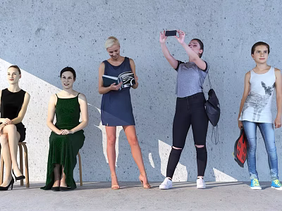 Group of Women Standing and Sitting Taking Selfie Against Gray Wall With Sunlight Shadows 3d model