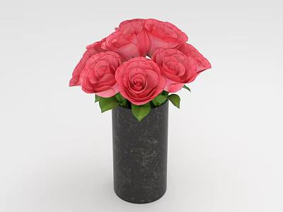 Beautiful Pink Roses Arranged in Black Marble Vase with Green Leaves 3d model
