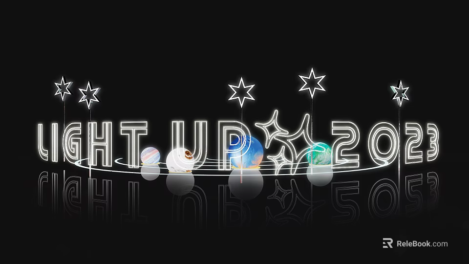 Neon Light Up 2023 Display With Star Ornaments And Colorful Orbs 3d model 