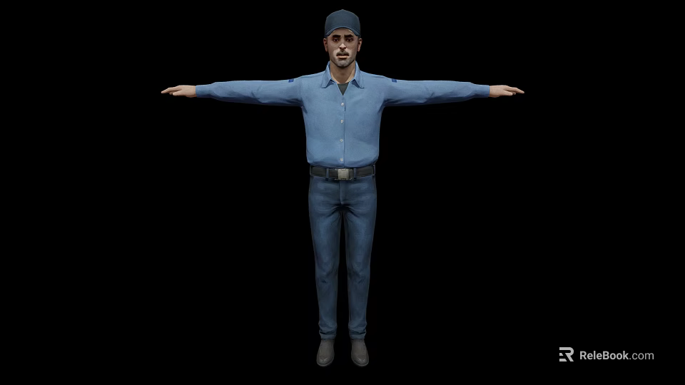 Game Movie Character In Blue Shirt And Pants With Cap Arms Outstretched On Black Background 3d model 