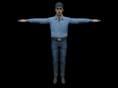 Game Movie Character In Blue Shirt And Pants With Cap Arms Outstretched On Black Background 3d model