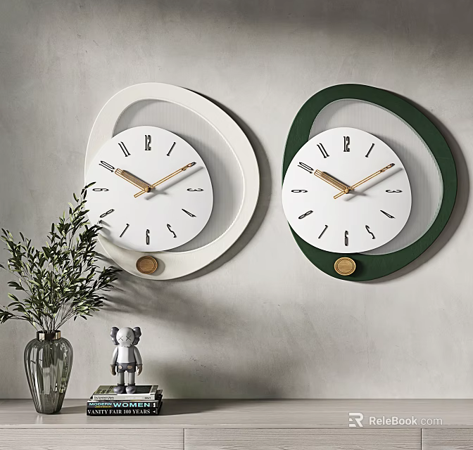Two Modern Minimalist Wall Clocks White And Green Design With Wooden Accents And Potted Plant 3d model 