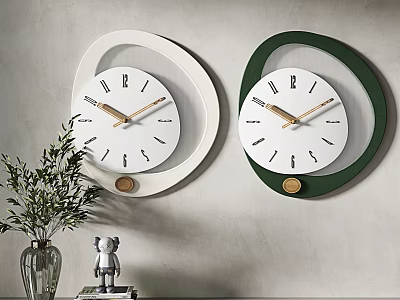 Two Modern Minimalist Wall Clocks White And Green Design With Wooden Accents And Potted Plant 3d model